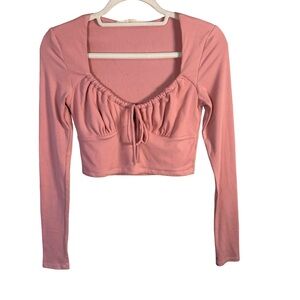 Aeropostale Dusty Pink Ruched Crop Top Size S Y2K Ribbed Stretchy Tie Front